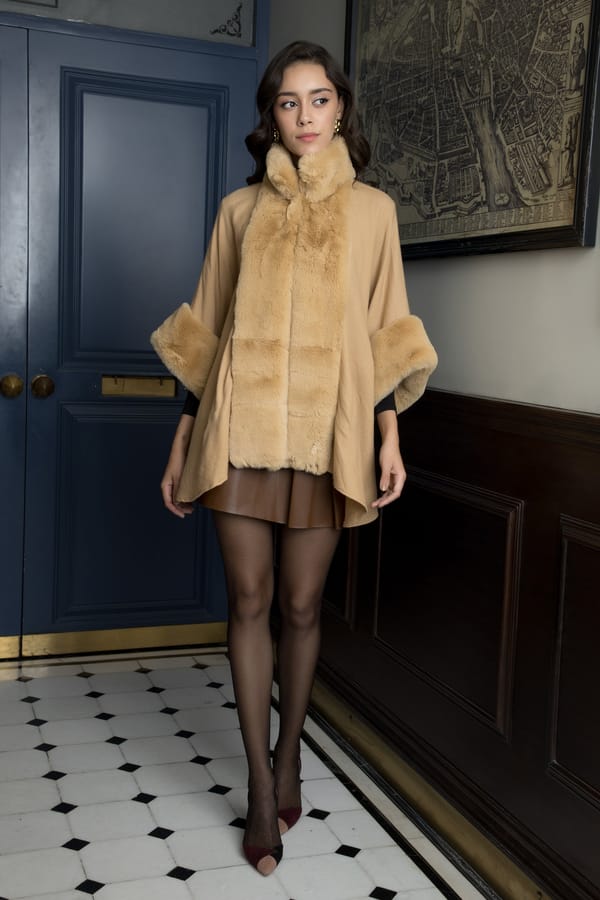 Camel Twill Wool Cape with Fur Trim — Rhe-Ana