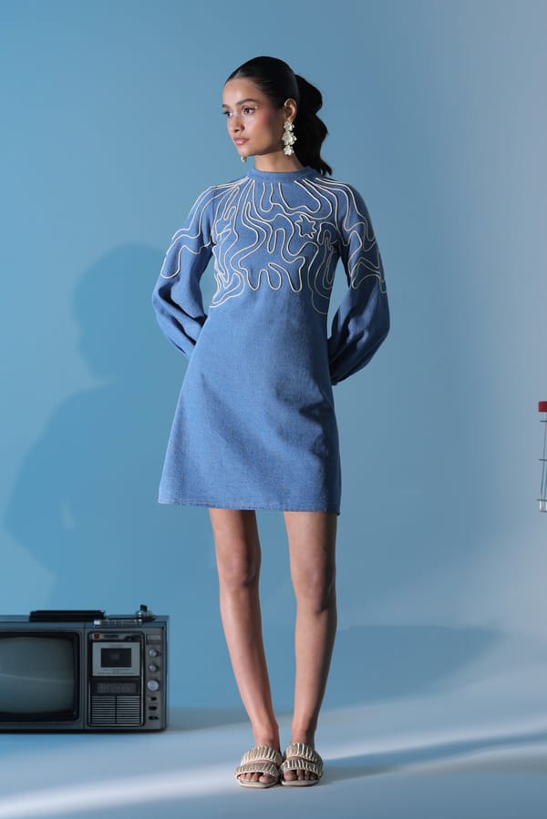 Blue Denim A-Line Mini Dress with High Neck — MANVI DAGA STUDIO