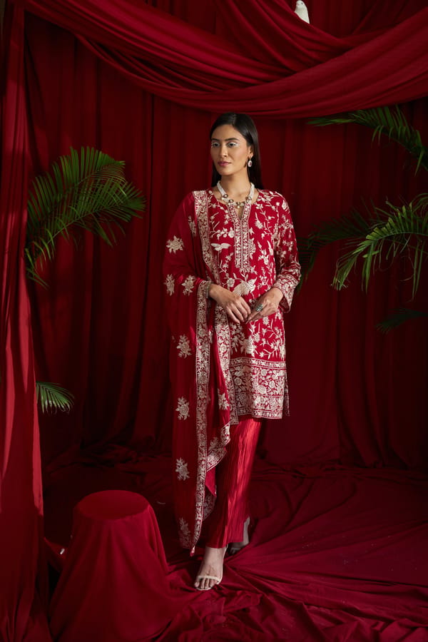 Red Embroidered Kurta Set with Pleated Pants and Dupatta — TASUVURE