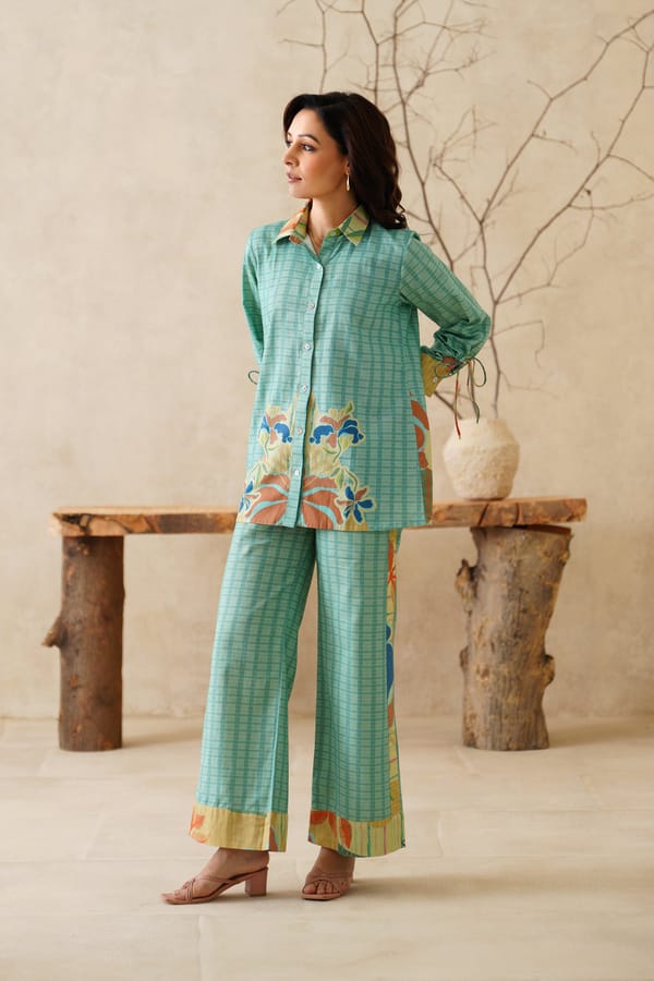 Aqua Printed Shirt and Wide-Leg Pants Co-ord Set — NEETIKA CHOPRA
