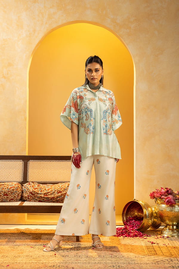 Light Blue Chanderi Printed Shirt and Pants Co-ord Set — SOUP by Sougat Paul