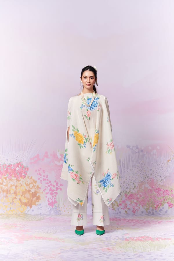 Ivory Pleated Satin Cape with Floral Motifs — Moh India