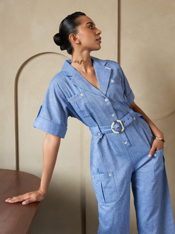 Blue Cotton Belted Utility Jumpsuit with Button Front — HOUSE OF FETT