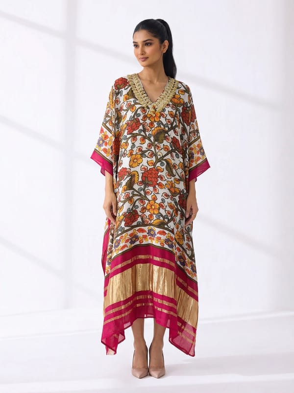 Embellished Printed White Kaftan — 5 Elements