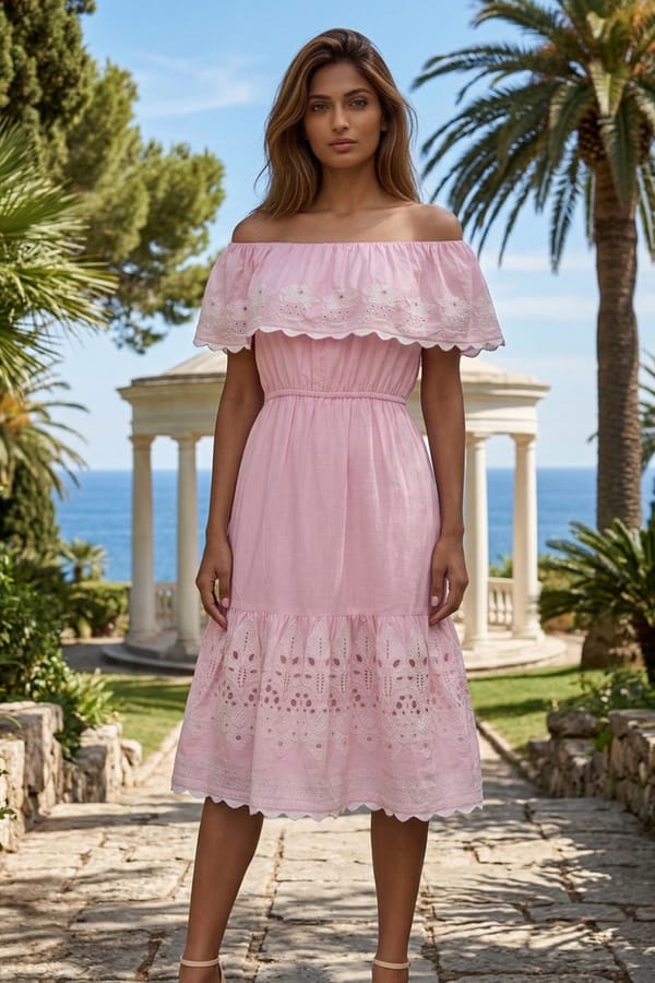 Soft Pink Off-Shoulder Cotton Eyelet Dress — BOHO-CHIC