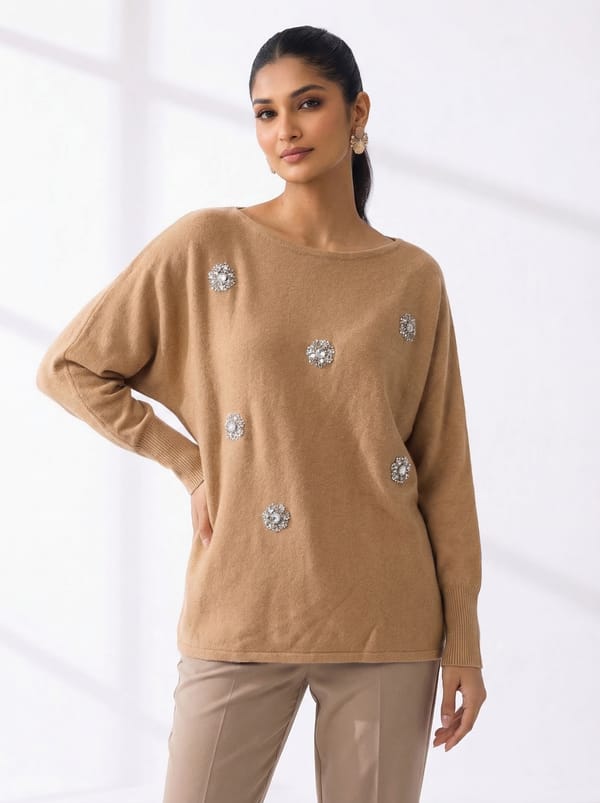 Camel Embellished Round-Neck Relaxed Fit Sweater — MnM