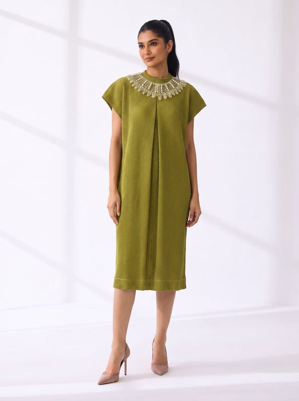 Lime Green Pleated High-Neck Embellished Midi Dress — Pleats by Aruni