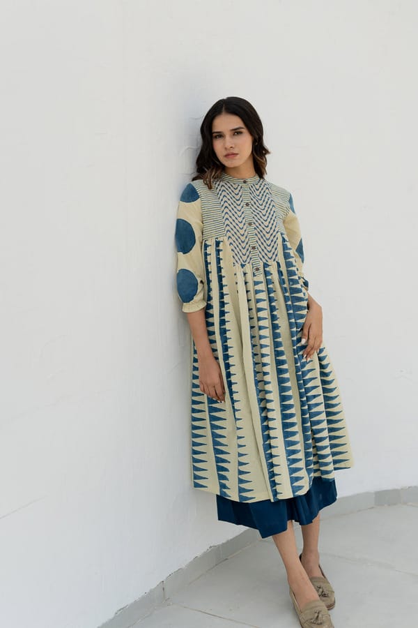 Indigo Block Print A-Line Kurta with Button Front — Vraj Bhoomi