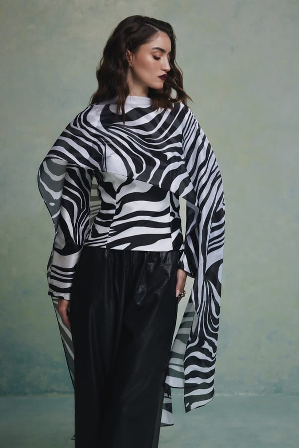 Black/White Zebra Print Top with Draped Cape — Zabella
