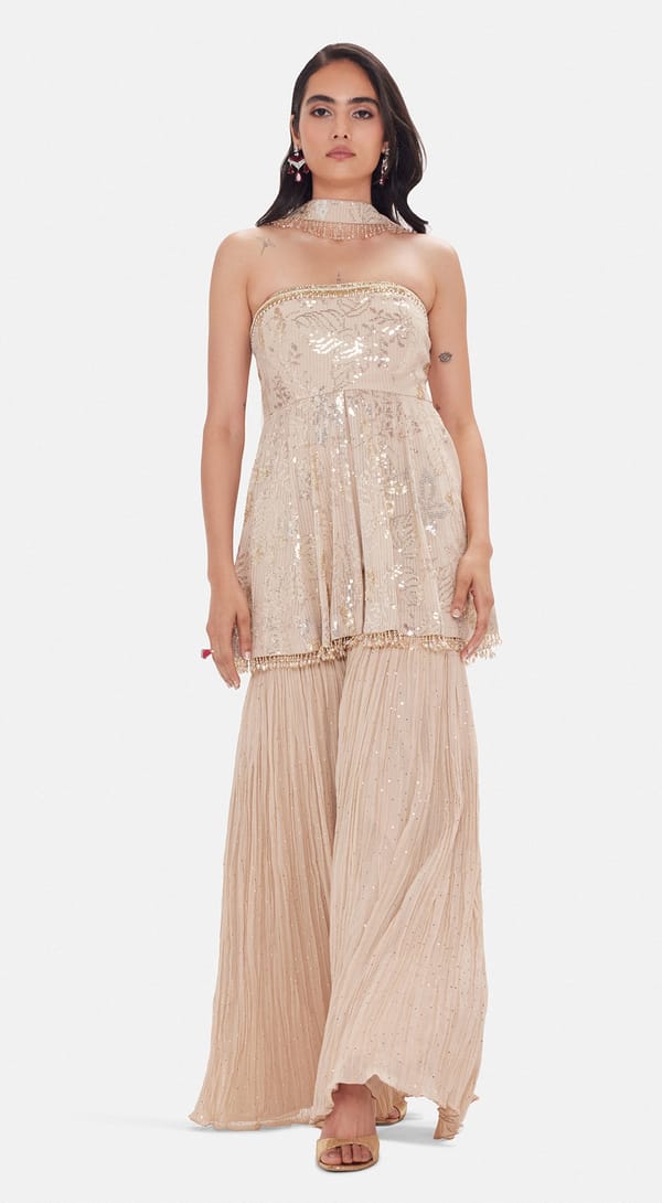 Beige Georgette Sequin Sharara Kurta Set with Dupatta — Basanti Kapde aur Koffee