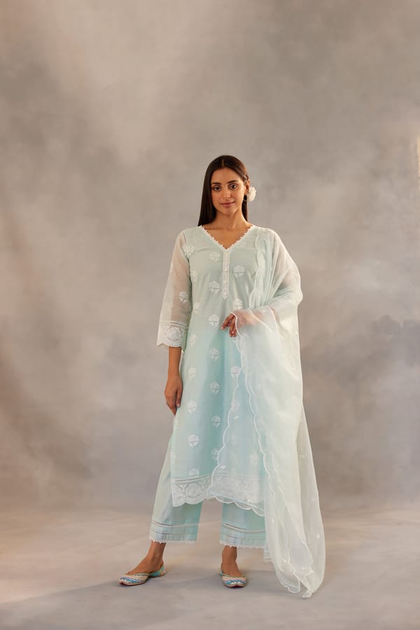 Mint Green Chanderi Embroidered Straight Suit Set — NARAYANI VASTRA