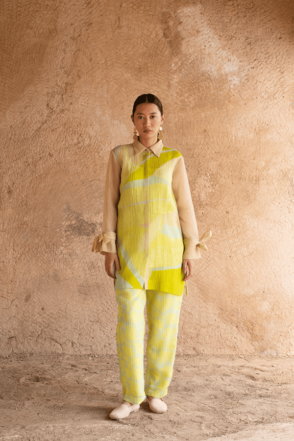Collared Shirt Pattern With Long Cuff Sleeves Having Ribbon Ties Co-Ord Set Silver Grey — CLOS