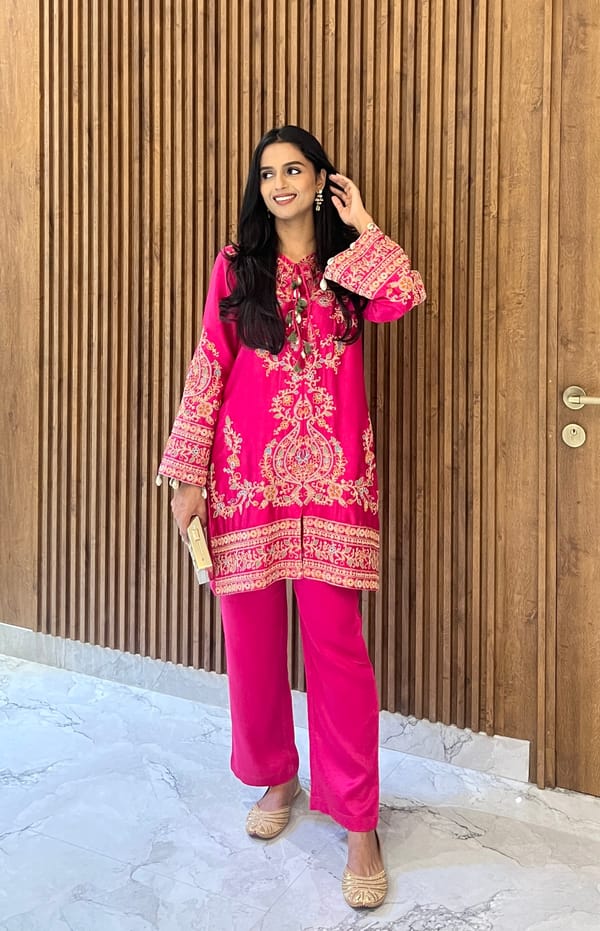 Hot Pink Modal Embroidered Kurta Set with Tassel Tie-Up — INCHING INDIA