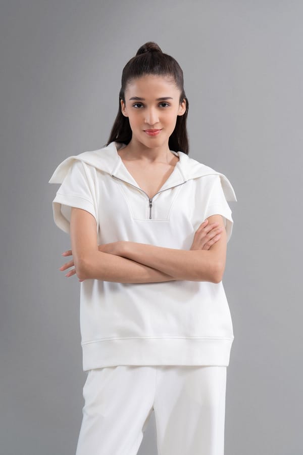 Ivory Hooded Zip-Neck Polo Top — Necesera