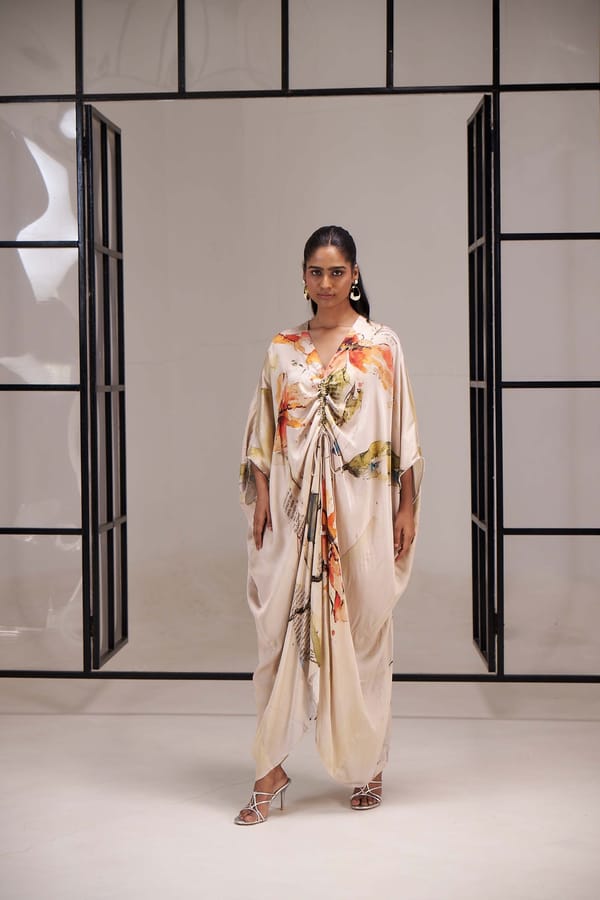 Multicolor Printed Crepe Satin Kaftan with Tie-Up Neck — Sakshi G Chawla