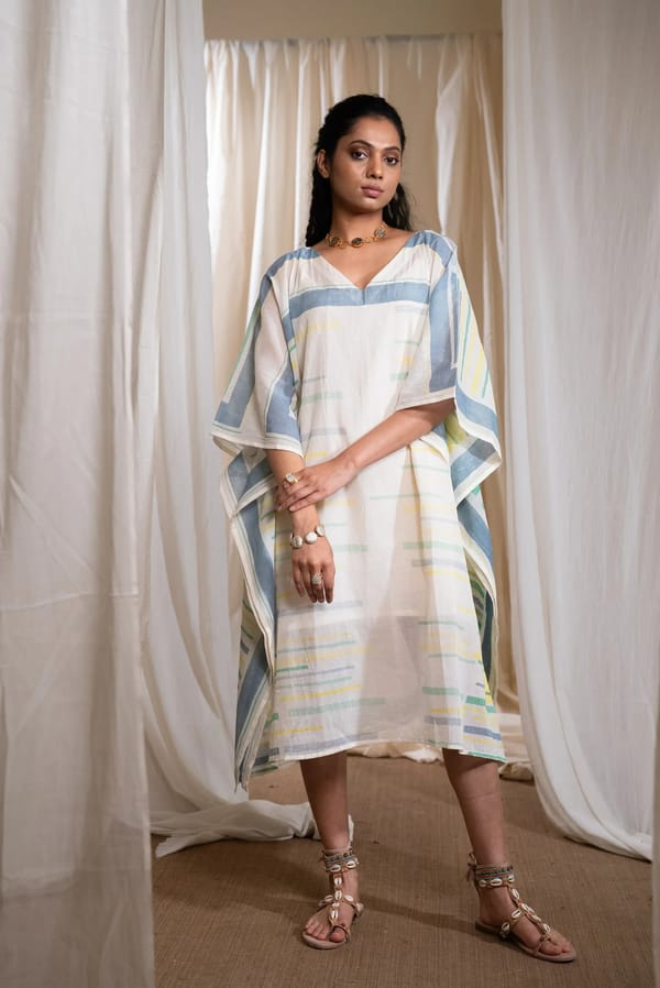 White and Blue Striped Cotton Kaftan with V-Neck — Banana Labs