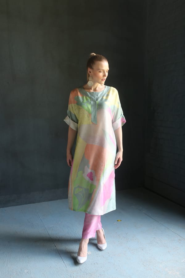 Blue/Pink Dupion Silk Kurta Set — CLOS