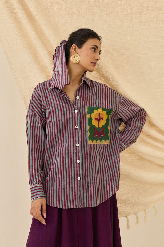 Maroon and Grey Striped Oversized Button-Down Shirt — JODI