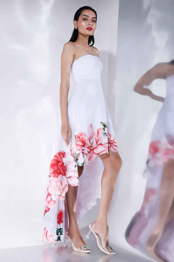 Off-White Strapless High-Low Floral Hem Dress — OZEQO