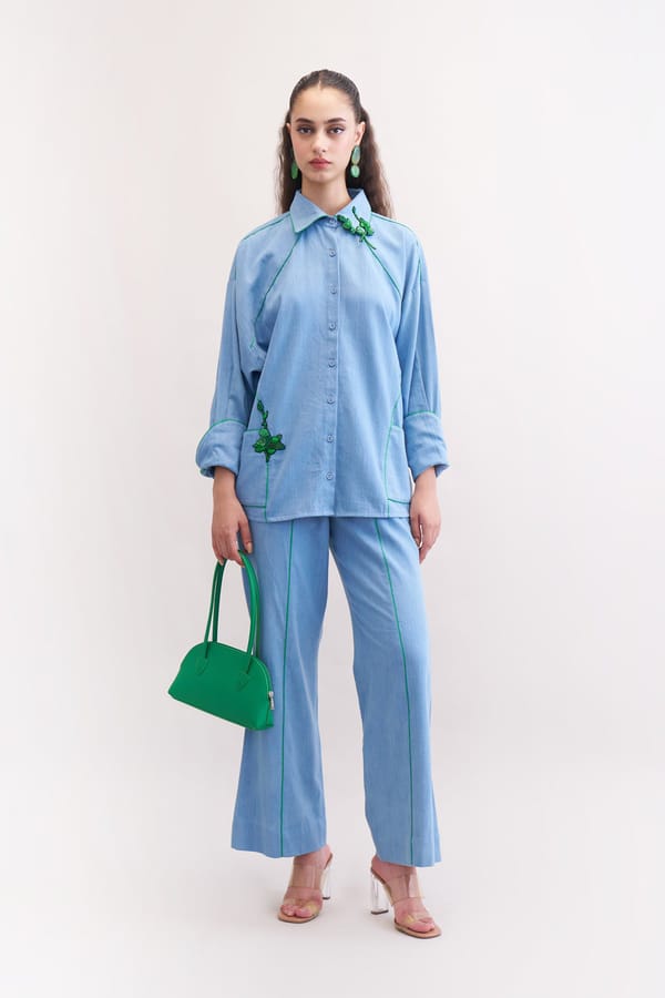 Denim Blue Shirt and Trouser Co-ord Set with Green Details — Our Love