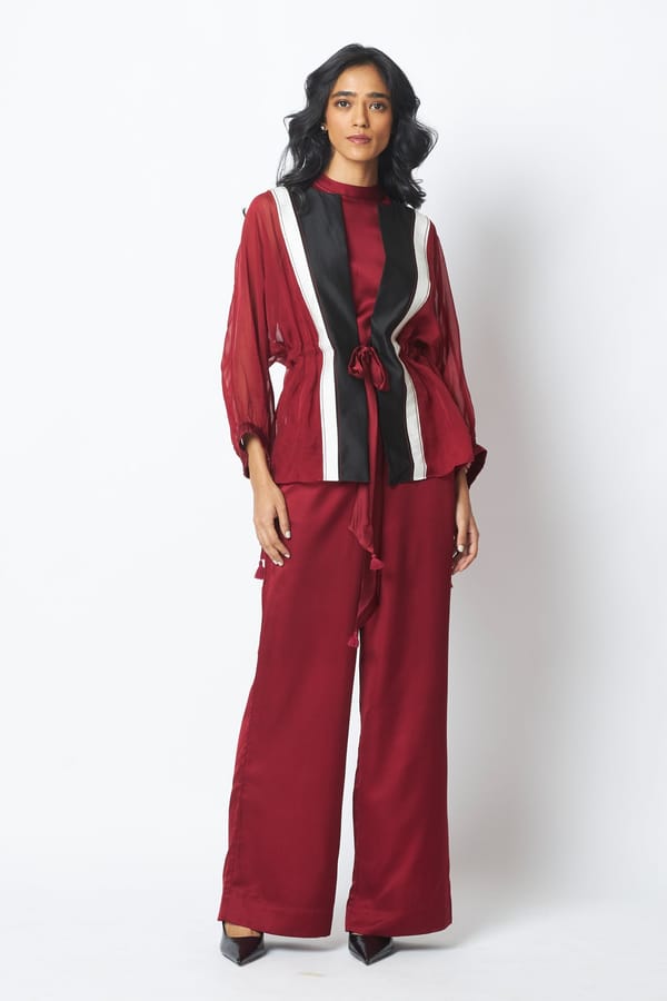 Burgundy Sheer Tie-Up Jacket and Wide-Leg Pants Co-ord Set — Madder Much
