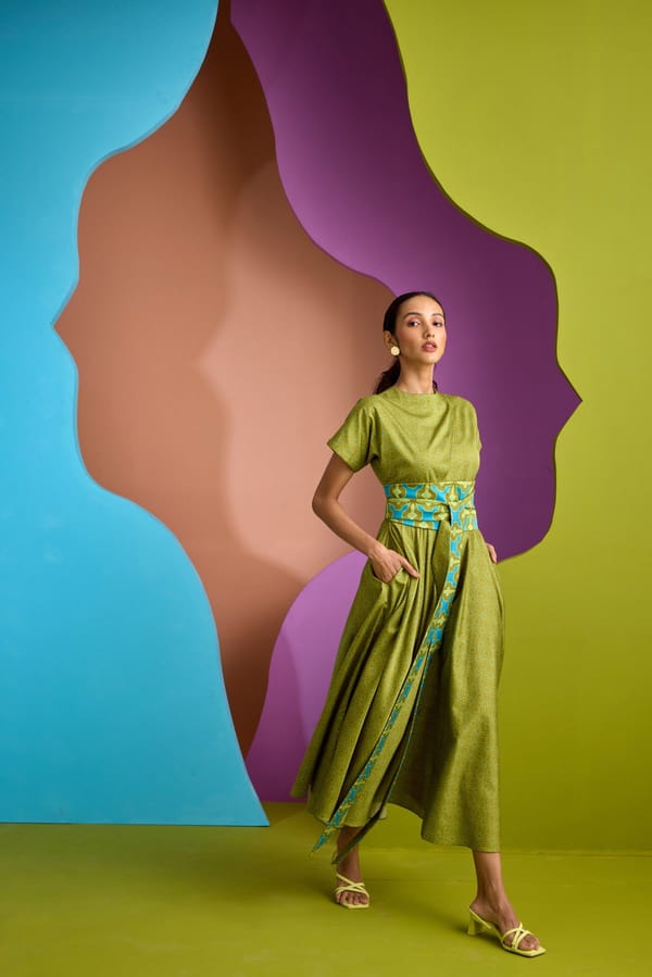 Olive Green Printed Midi Dress with Obi Belt — CUIN