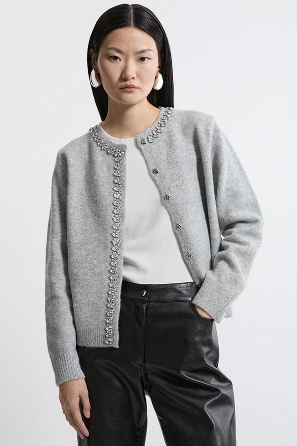 Grey Crystal-Trim Cosy Knit Cardigan — KAREN MILLEN