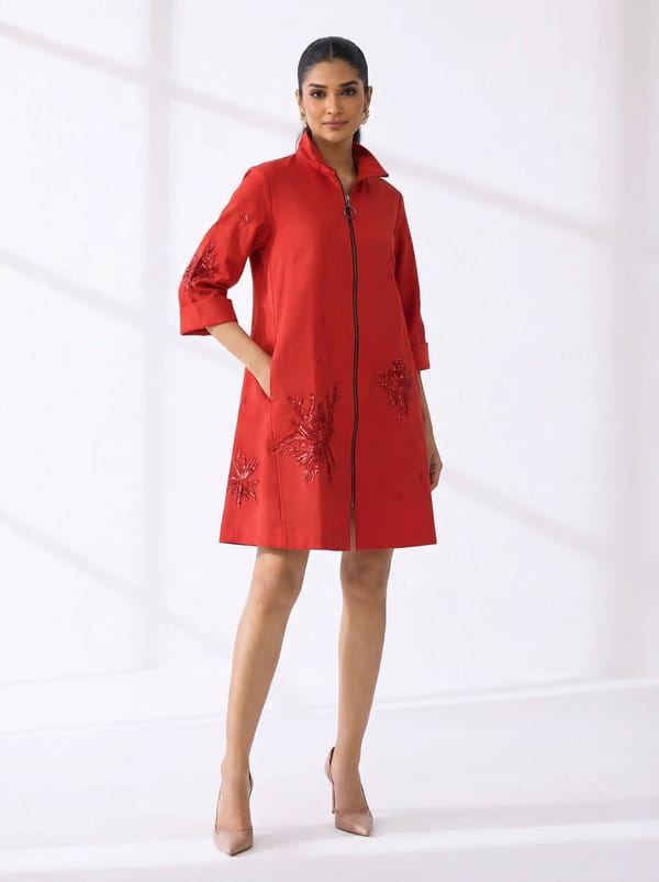 Red Zip-Front A-Line Knee-Length Dress with Embellishment — Ang-sa