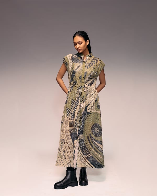 Olive Print Cotton Net Drawstring Dress — Kritika Murarka
