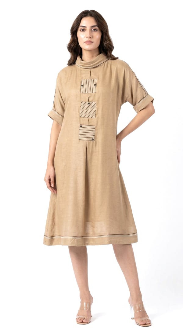 Beige Cotton Silk A-Line Midi Dress with Patch Pockets — Basanti Kapde aur Koffee