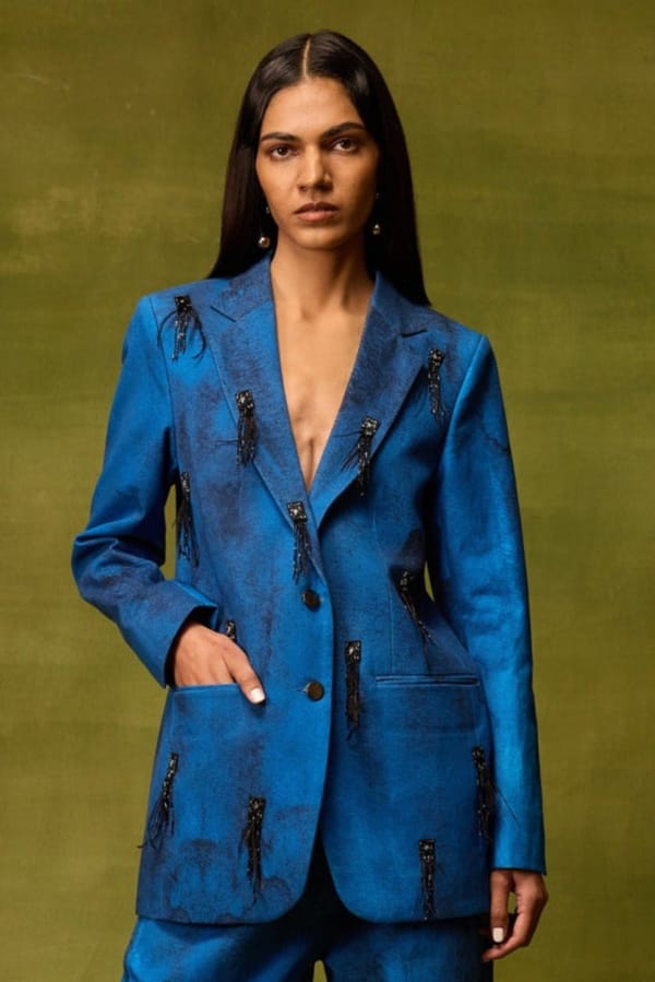 Blue Printed Twill Tailored Blazer with Tassel Details — Pocketful Of Cherrie