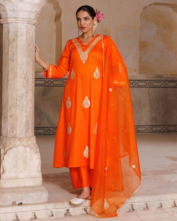 Orange Cotton Silk Gota Patti Work Kurta Set — Bannhi by Priyanka Rathore