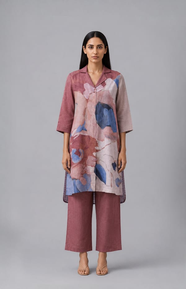 Rust Abstract Printed Linen Kurta Set with Lapel Collar — CLOS