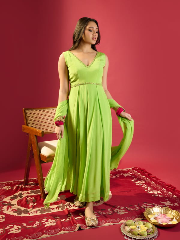 Parrot Green Box Pleat Dress With Dupatta — KOMAL SHAH