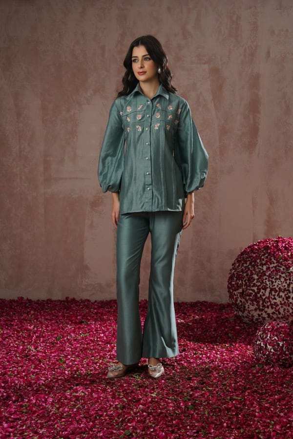 Teal Chanderi Silk Shirt and Flared Trousers Co-ord Set — Simar Tuli