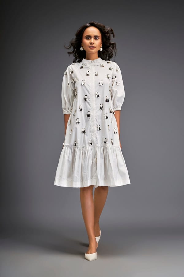 Dress With Puff Sleeves And Glossy Metallic Discs And A Ruffled Hemline — Deepika Arora
