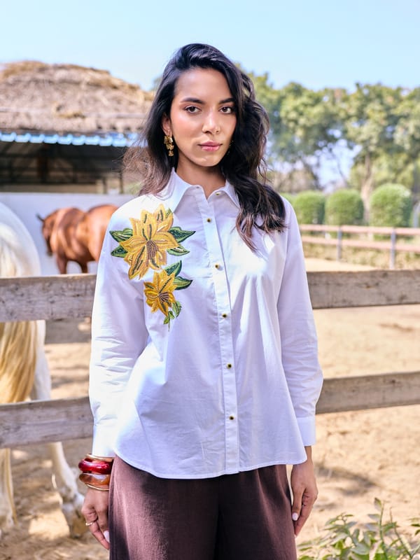 White Cotton Shirt with Floral Embroidered Applique — Style Island