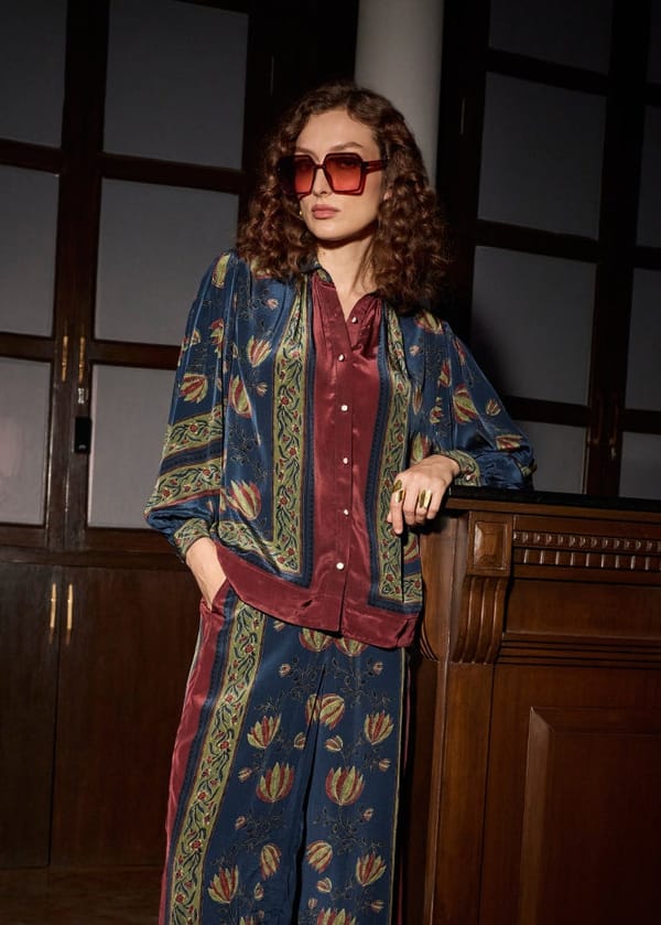 Blue Printed Mandarin Collar Button-Down Blouse — Style Island