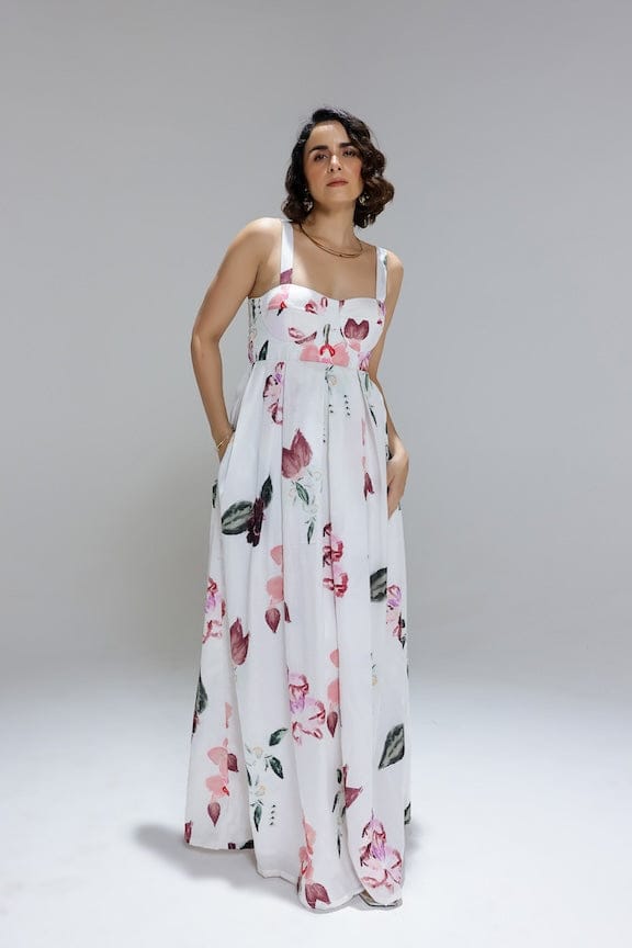 White Floral Cotton Silk Underwired Maxi Dress — STUDIO SURBHI