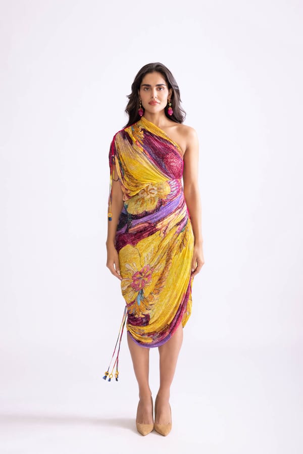 Yellow/Purple One-Shoulder Micro-Pleated Printed Midi Dress — Saaksha and Kinni
