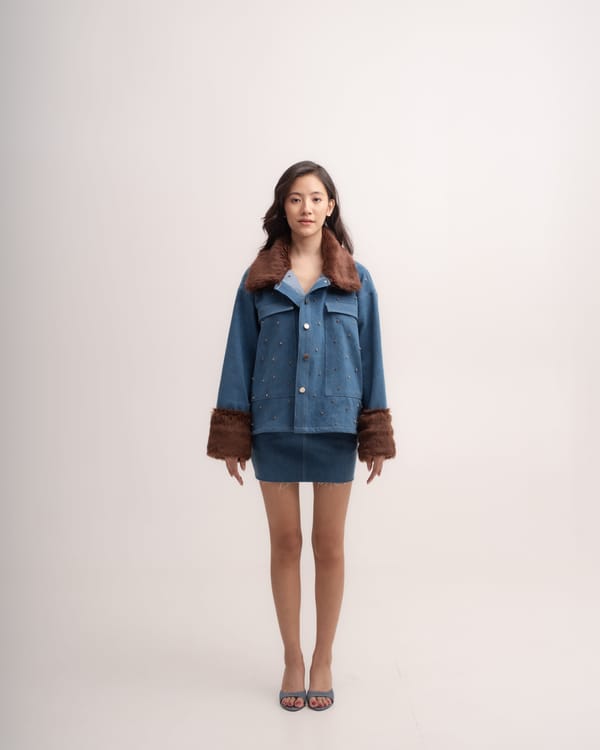 Blue Embellished Denim Jacket with Faux Fur Collar and Cuffs — MAGIA