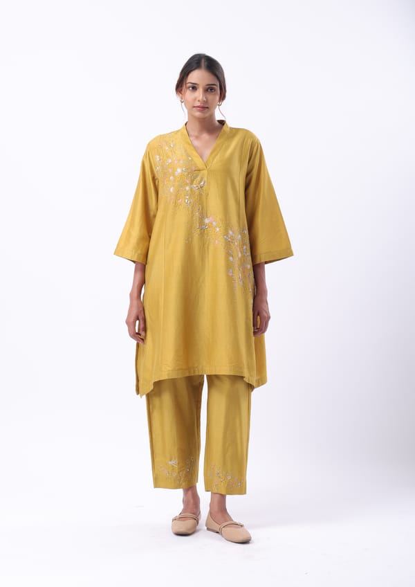Ochre Cotton Silk Embroidered V-Neck Tunic Top — Subtle Shuttle Studio