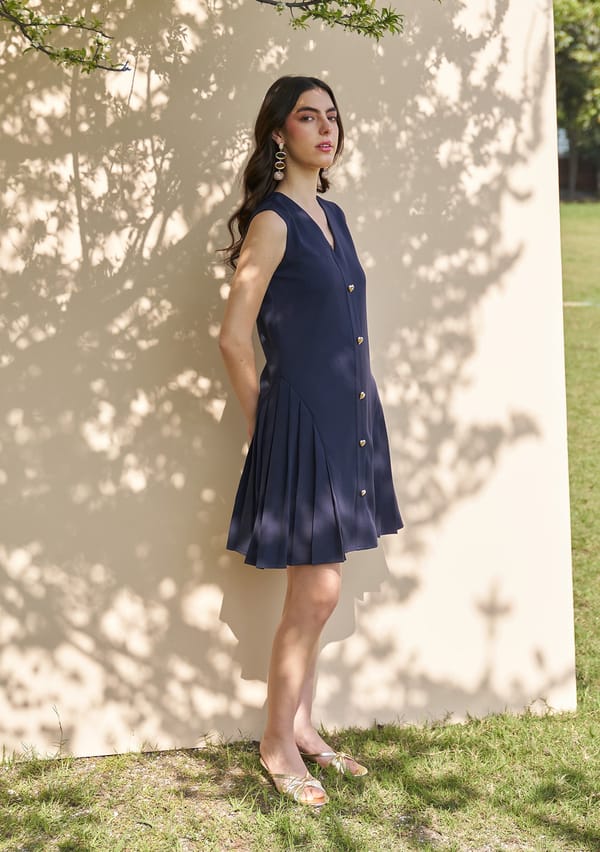 Navy V-Neck A-Line Mini Dress with Pleated Panels — AMOSHI