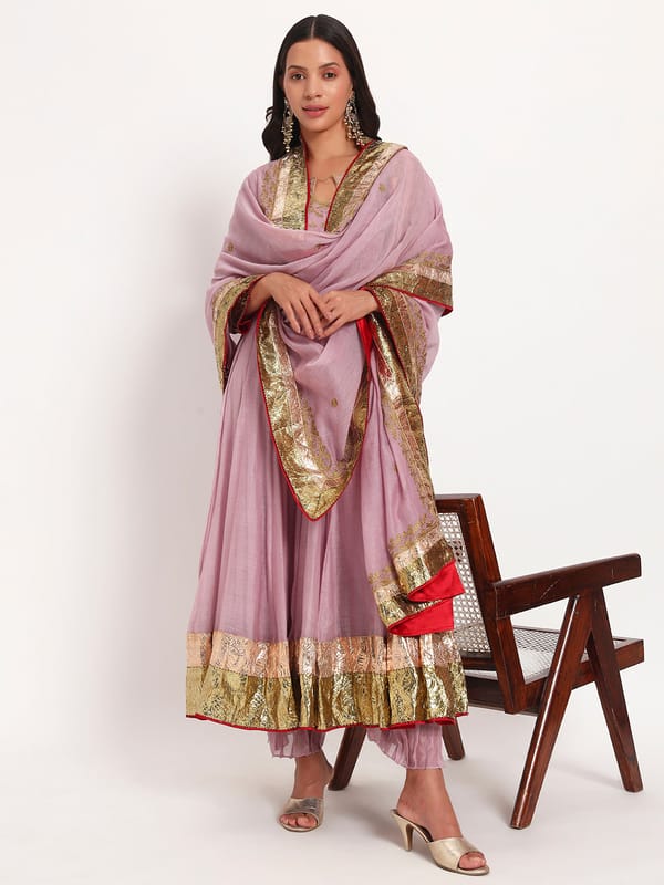 Lilac Mal Chanderi Anarkali Set with Pants and Dupatta — Gotta Kinari