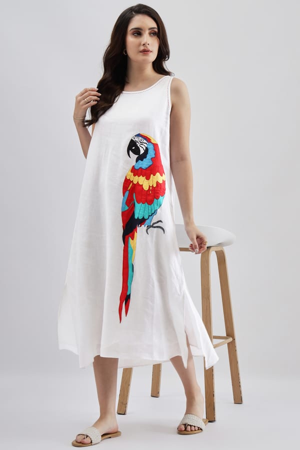 White Linen Sleeveless Midi Dress with Parrot Applique — Linen Bloom