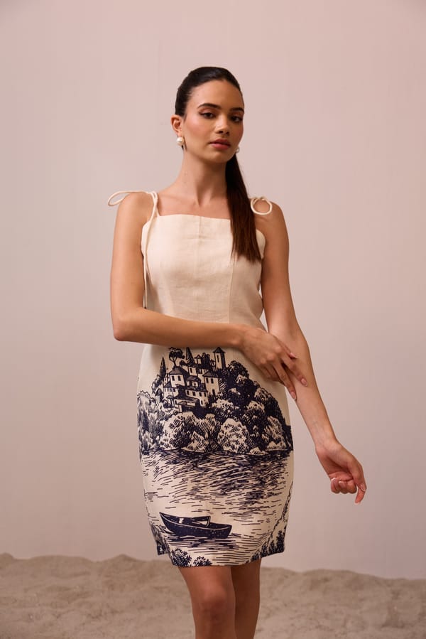 Apricot Linen Square-Neck Tie-Strap Dress with Print — Prink Tonic