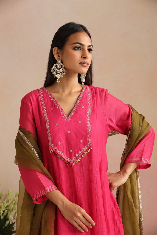 Magenta Pink Silk Chanderi Kalidar Kurta Set — Trendy Tokari