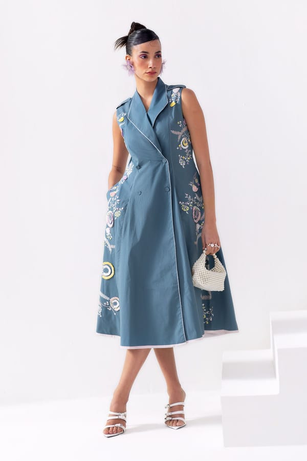 Petrol Cotton Satin Trench-Style Embroidered Midi Dress — Our Love