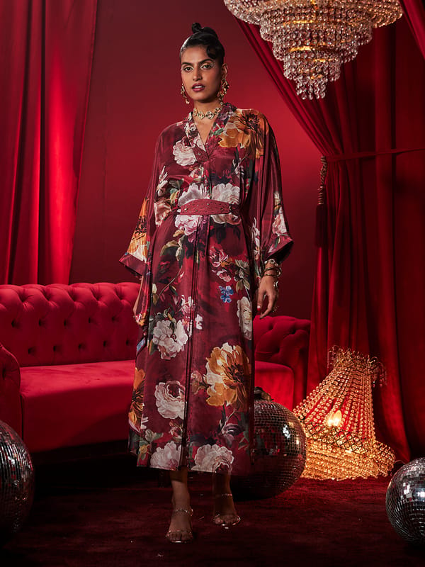 Burgundy Floral Printed Kaftan with Belt — HOUSE OF FETT