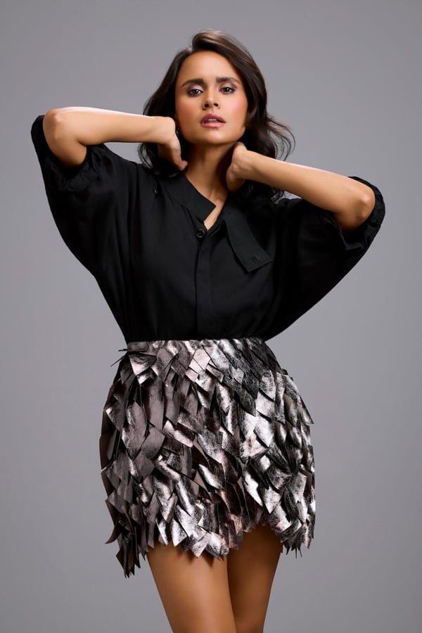 Mandarin-Collar Shirt with Mini Skirt — Deepika Arora